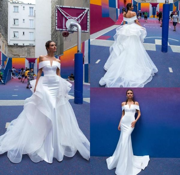 Vestidos de novia de sirena con falda desmontable fuera del hombro Tren de barrido de satén Falda con gradas Vestidos de novia campestres Weddin9654786