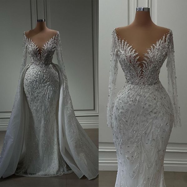 Robes de mariée sirène avec train détachable Cou à manches longues Robes de mariée Vestido Novia Per perle Appliques Robe 418