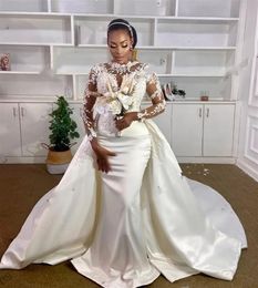 Vestido de boda Vintage de sirena para niñas negras, vestidos de novia africanos de encaje con apliques de perlas, vestidos formales con cuello redondo, 2024