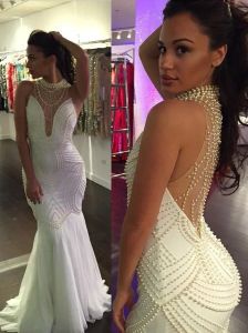 Mermaid witte parels optocht jurken hoge nek chiffon holle back prom avond formele jurken jurken goedkoop lang