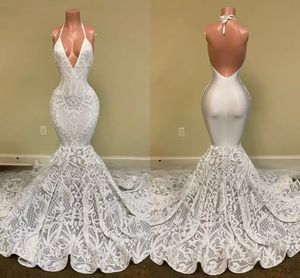 Zeemeermin Witte Stijl Galajurken Lange Sexy Halter Backless Sparkly Pailletten Afrikaanse Zwarte Meisje Formele Feestavondjurk BC14848