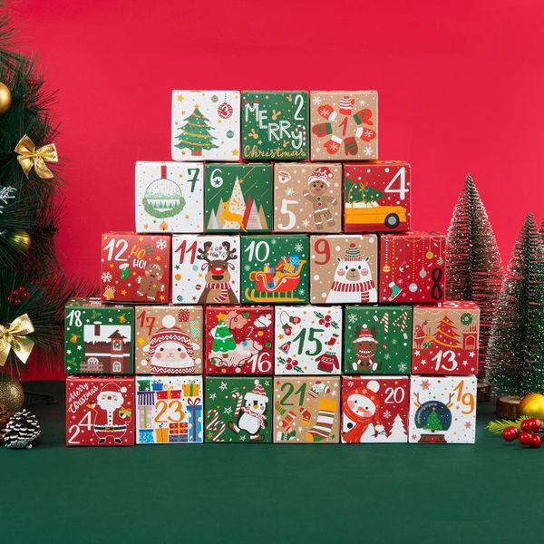Boîtes de calendrier de l'Avent Joyeux Noël 24 jours Kraft Paper Advent Countdown Candy Boady Boxes for Kids and Family RRB16575