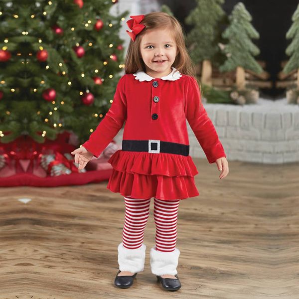Joyeux Noël Bébé Filles Vêtements Costumes Rouge Corduroy Fille Jumper Robe Stripe Polaire Pantalon Enfants 2 Pièces Ensembles De Vêtements De Noël 210413