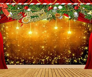 Joyeux Noël toile de fond plancher en bois imprimé paillettes étoiles boules feuilles vertes rideaux rouges fête de Noël scène Po arrière-plans2058651