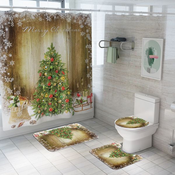 Joyeux Noël Salle de bains Ensemble d'arbre de Noël Modèle d'arbre de Noël Rideau de douche imperméable à rideau de douche et de siège de toilette Tapis non glissé Tapis Decor Y200108