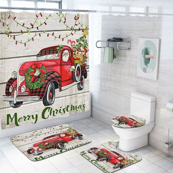 Joyeux Noël Salle De Bains Rideaux De Douche Bonhomme De Neige Père Noël Elk Voiture Motif Étanche Couverture De Toilette Tapis Antidérapant Tapis Décor À La Maison 4pc / set