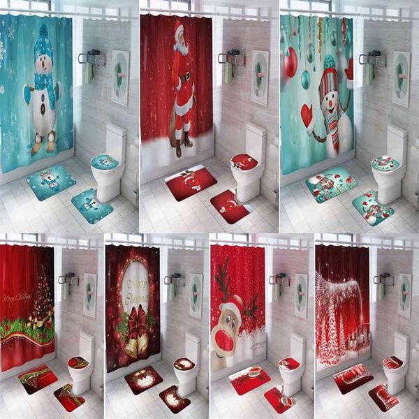 Feliz Navidad baño muñeco de nieve Santa Claus alce patrón impermeable cortina de ducha conjunto cubierta de inodoro alfombra antideslizante decoración del hogar 287c