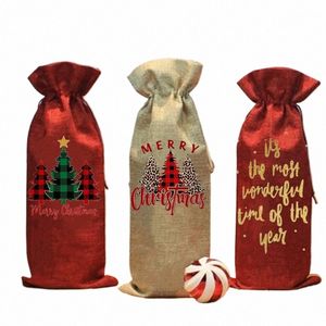 Feliz Navidad Bolsas de vino de arpillera Bolsa con cordón de Navidad Cubiertas de botellas de vino de Navidad reutilizables Fiesta navideña Regalos de almacenamiento en el hogar 27hN #
