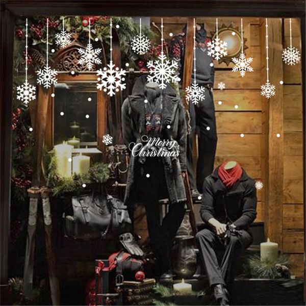 Pegatinas de pared con adornos navideños, palo de ventana de cristal con copos de nieve navideños