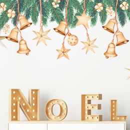 Feliz Navidad, campana dorada, estrellas, hojas verdes de pino, pegatinas de pared para sala de estar, dormitorio, decoración del hogar, calcomanías de pared de Pvc