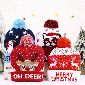 Joyeux noël LED Oh cerf père noël pattes noël tricoté casquettes dessin animé enfants chapeau avec boule éclairer décor année décoration