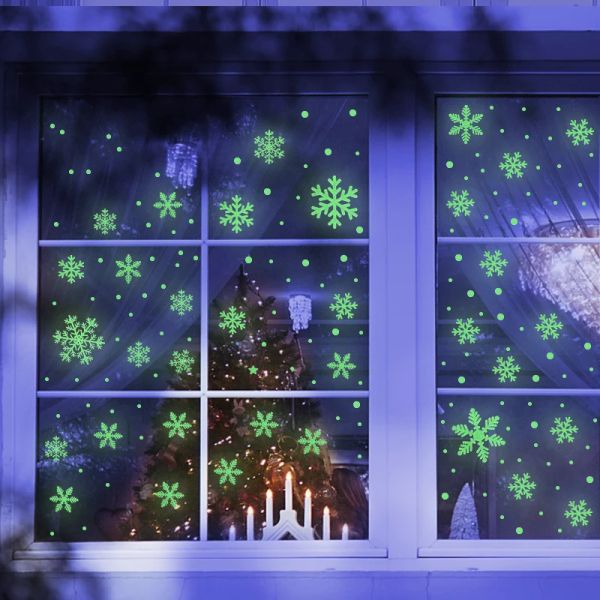 Feliz navidad luminosa copo de nieve con muñeco de nieve pegatina de la ventana de la ventana de año nuevo pegatinas de pared para niños calcomanías de pared