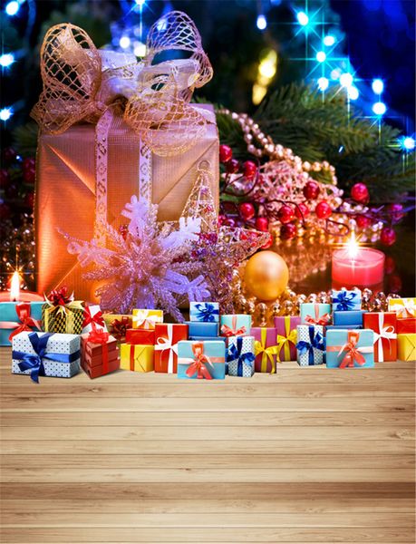 Joyeux Noël Photographie Décors Parquet En Bois Famille Coffrets Cadeaux Lumière Étincelante Nouvel An Vacances Enfants Enfants Photo Fond