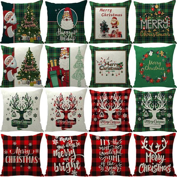 Feliz Navidad Funda de almohada Decoraciones de dormitorio Rejilla cuadrada roja Patrón de ciervo Lino Funda de almohada de Papá Noel para Textiles para el hogar T10I85