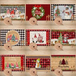 Manteles individuales de lino con diseño de Feliz Navidad, antideslizantes, lavables, impermeables, a cuadros, árbol de Navidad, copo de nieve, pino para fiestas, comedor, cocina, decoración de mesa 1011