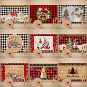 Manteles individuales de lino con diseño de Feliz Navidad, antideslizantes, lavables, impermeables, a cuadros, árbol de Navidad, copo de nieve, pino para fiestas, comedor, cocina, decoración de mesa 1011