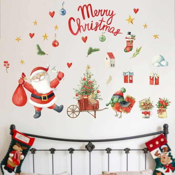 Joyeux Noël Rouge Père Noël Boîte Cadeau Fleur Stickers Muraux pour Salon chambre Verre Windodw Stickers Muraux Décor Décoratif