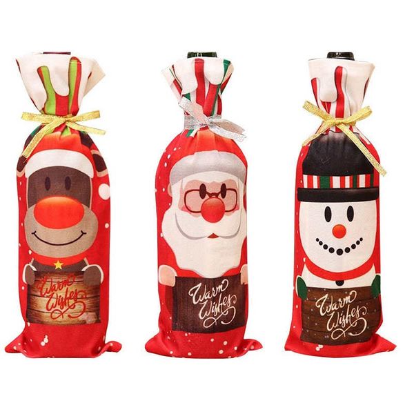 Feliz Navidad Botella de vino tinto Cubierta Bolsas de tela Decoraciones Regalo de Año Nuevo Cerveza Champán Festival de Navidad Fiesta Mesa Cena Decoraciones Papá Noel Muñeco de nieve Decoración de alces