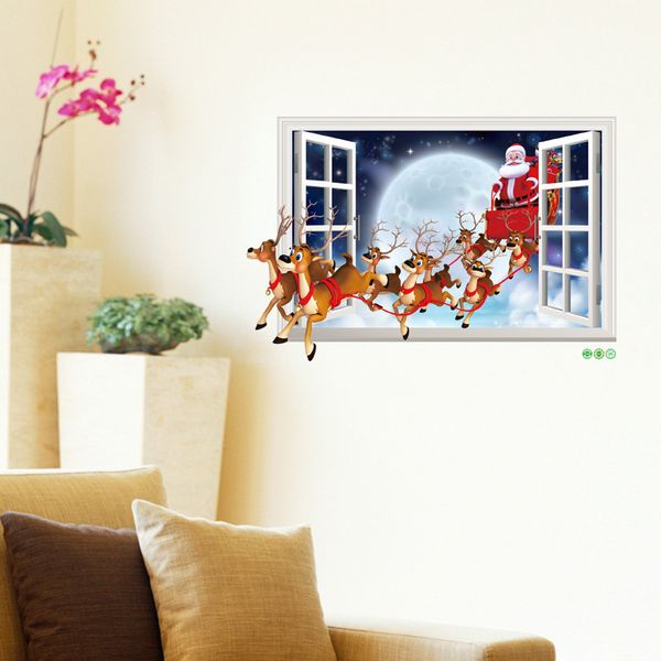 Feliz Navidad Santa Claus Elk Sled 3D ventana falsa bolsa de regalo pegatinas de pared para habitaciones de niños decoración del hogar Año Nuevo calcomanías de pared arte cartel de PVC