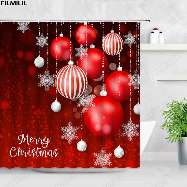 Feliz Navidad Cortina de ducha creativa Ceraca de nieve blanca Bola de cuerda roja Corta de baño de naves navideñas Tabella de decoración de baño de baño