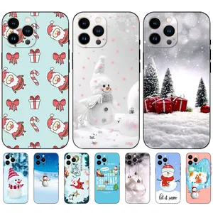 Vrolijk Kerstsneeuwman hoesjes voor Iphone 15 14 Plus Pro Max 13 12 11 XS MAX XR X 8 7 6 Iphone15 Kerstmis Kerstman Zacht TPU Cadeau Hoed Sneeuwboom Schattig Mooie Zwarte Telefoonhoes