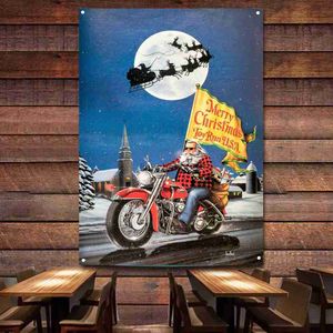 Feliz Navidad Toy Run EE. UU. Mural de bandera de motocicleta, póster de decoración de pared Vintage, pintura de coche para garaje, hombre, cueva, Bar, Club, Pub, regalo L230620