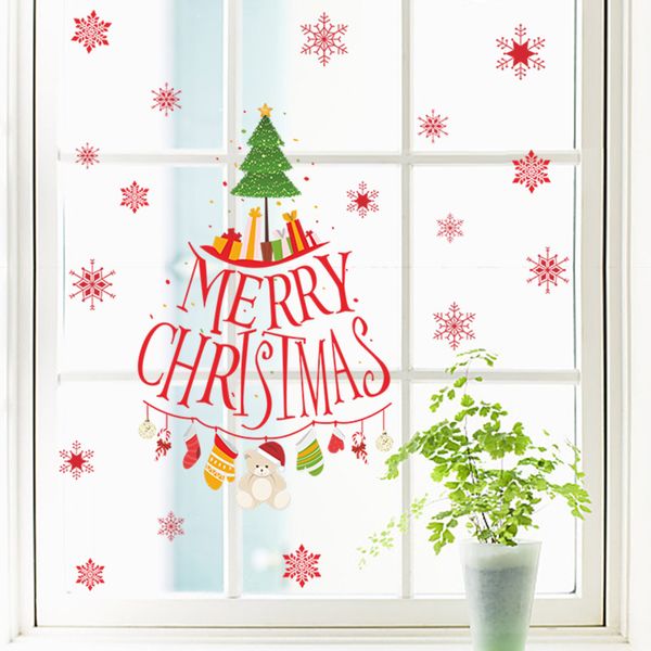 Joyeux Noël Arbre Cadeau Sticker Mural Stickers Flocon De Neige De Noël Magasin fenêtre verre Décoration Affiche Murale Mur Art 210420