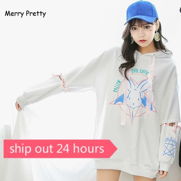 Merry Pretty Harajuku Mignon Lolita Femmes Tumblr Sweat-shirt Lapin Pentacle Imprimer Lacets Sweats à capuche Lâche Survêtement Pull Femme 201127