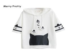 Joyeux joli t-shirt femmes harajuku japon style kawaii chat tshirt blanc capuche à manches courtes coton filles tumblr amis tshirts cx5450238