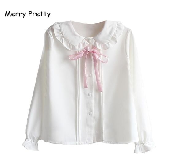 Joyeux jolies femmes Blouses filles automne à manches longues col claudine rose nœud papillon blanc en mousseline de soie Blouse chemise uniforme scolaire haut 203078560