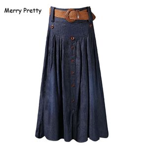 Joyeux jolies femmes bleu foncé Denim jupe ceintures plissées 2021 automne taille haute longue jean solide mi-mollet jupes