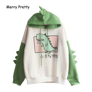 Merry Pretty Mujeres Dinosaurio Sudaderas con capucha Cálido Fleece Sudaderas con capucha Jerseys con cuernos Harajuku Chicas con capucha Adolescentes Sudadera con capucha verde 201109