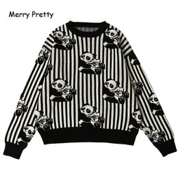 Merry Mooie Dames Cartton Panda Zwart / Wit Gestreept Borduurwerk Gebreide truien Winter Dikke Jacquard Sweater Pullover 201130