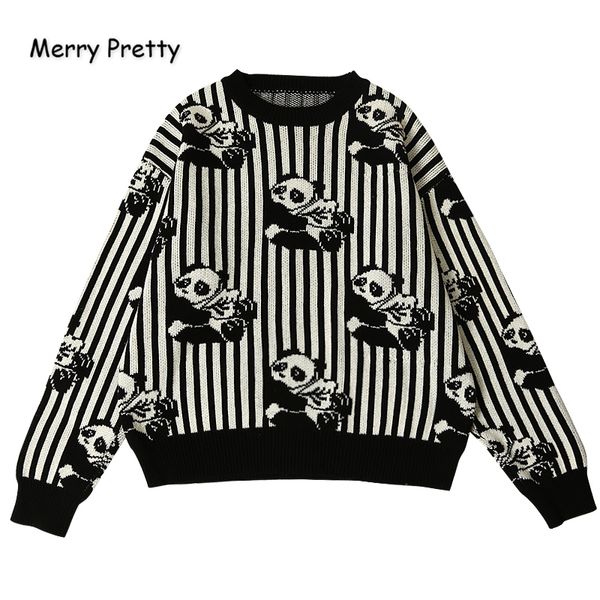 MERRY PRETTY Femmes Cartton Panda Noir / Blanc Rayé Broderie Chandails Tricotés Hiver Épais Pull Jacquard Pull 201130