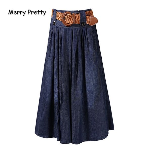 Merry Pretty Women Sashes Denim Falda plisada Otoño Elasticidad Cintura Jeans largos Casual Solid Midcalf 210708