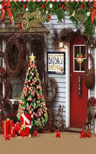 Joyeux Noël Fête Po Booth Toile De Fond Imprimé Guirlande Décorée Arbre De Noël Boîtes Présentes Porte Rouge Bar Pographie Fond7877680