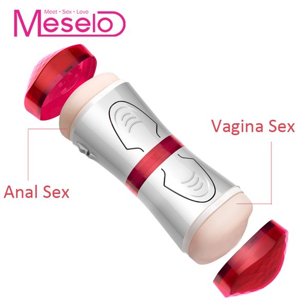 Meselo Double Trous Masturbateur Masculin Vibrateur Réaliste Vagin Anal Sex Toys Pour Hommes Mains Libres Amovible Sucker Penis Trainer Y201118