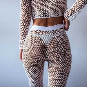 Mesh Beach See Through Fishnet Chemisier à manches longues et pantalon long Femmes Sexy Bikini Beach Cover-up Paereo Maillots De Bain Cover Outfits Y0820