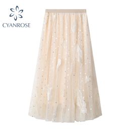 Maille Tissu Assez Jupe Chic Imprimer Élégant Tulle Qualité Froissé Vêtements Rétro Taille Haute Élastique Ins Mori Fille Tutu Vêtements 210417