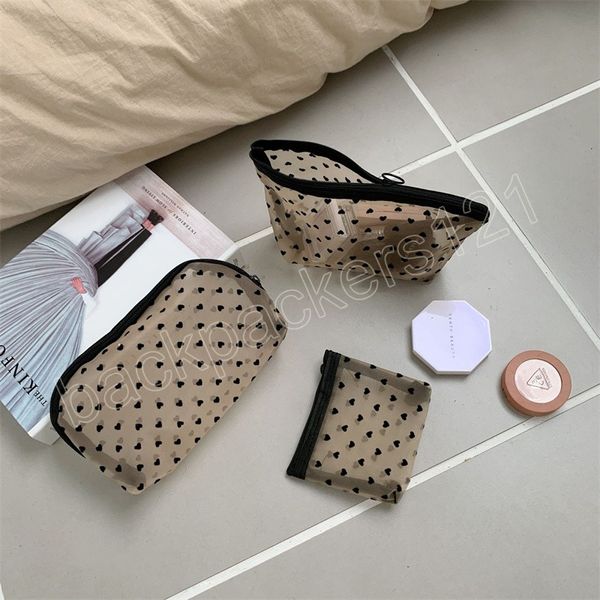 Trousse de maquillage en maille, étui mignon Transparent avec fermeture éclair, imprimé cœur noir, étui pour stylos à crayons, pochette pratique