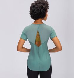 Mesh Cross Cut Yoga Tops Korte Mouw Lichtgewicht Ademend Sneldrogend Hol Sexy Losse Massief Kleur Sport Fitness T-shirt Shirt