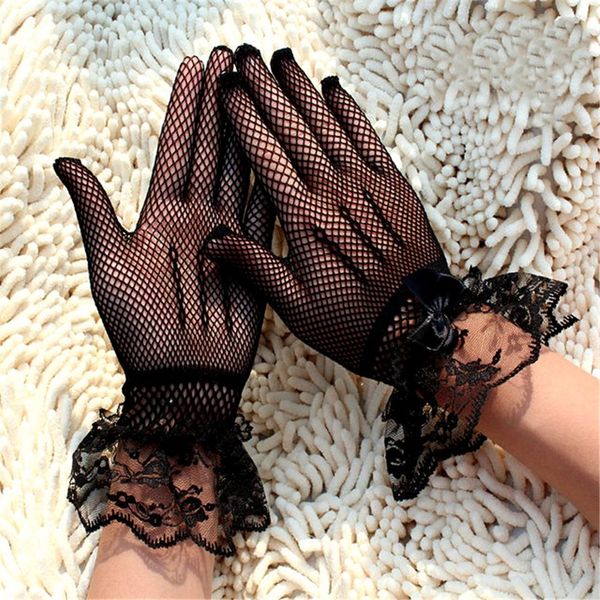 Gants courts en dentelle à cinq doigts pour femmes, résille en maille, sexy, danse fine, fête rétro, noir et blanc, 6 paires/12 pièces