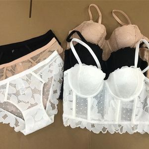 Mesh Lace Up Half Cup beha set met afneembare riemen 7-duikbrede beha mooie en sexy lingerie 240430