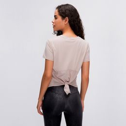 Mesh lu lu lu back yoga tops ropa de gimnasio para mujeres camiseta de manga corta en color de color sólido correa de secuestro sin alivio