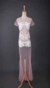 Mesh Perspectivité Lace Broidered Fleur Robe complète voile voile en dentelle transparente Robe de danse de pole nue