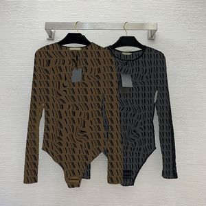 Maille voir à travers les femmes sous-vêtements lettre flocage noir marron justaucorps à manches longues chemise de corps sexy sommets Lingerie