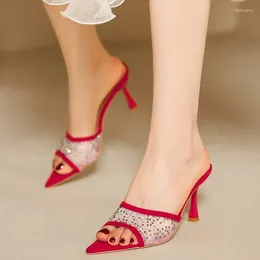 Mesh sexy dames sandalen hoge hakken slippers puntige teen jurk schoenen vrouwelijke zomer mode flip flops merk pompen 4179