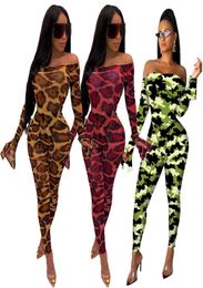 Mesh Sheer Leopard Camouflage Two Piece Set Women Festival Vêtements Sexy Rompers Top Pant Matching 2 Piece Club Outfits3969028