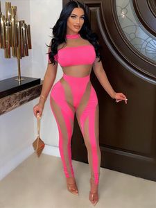 Mesh Sheer Patchwork Jumpsuits Women Long Sleeve Bodycon Romper See Through Sports Club Sexy Wear Female Summer