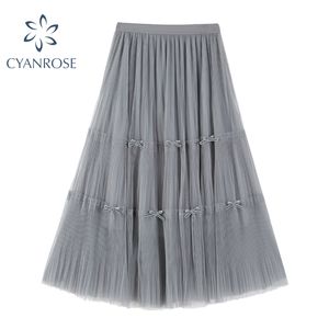 Mesh rok voor dames Koreaanse boog ontwerp zoete vrouwen rokken tull fairy kleding oversized losse elegante streetwear buttom 210417